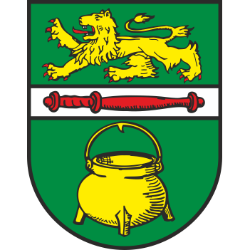 Wappen der Samtgemeinde Wathlingen. Dunkelgrüner Untergrund, geteilt durch einen weißen Querbalken, in dem ein roter Stab abgebildet ist. Oben ein Löwe in Gelb und unten ein Kessel, auch in gelb.